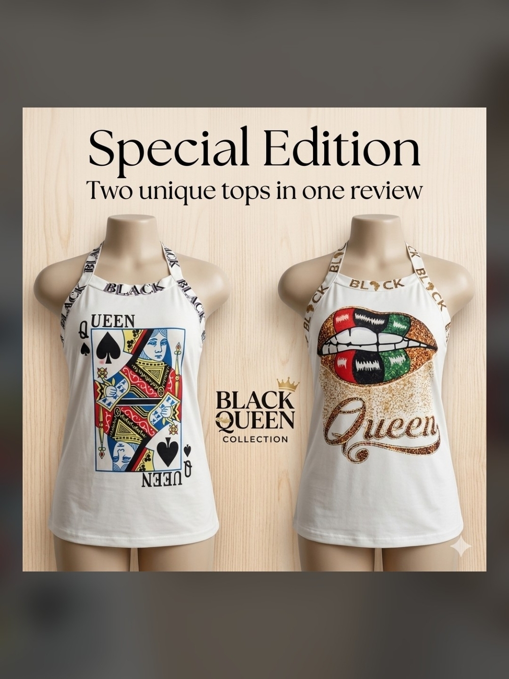 Black Queen Collection White Graphic Halter Tank Top - Queen Motif. US 14-16